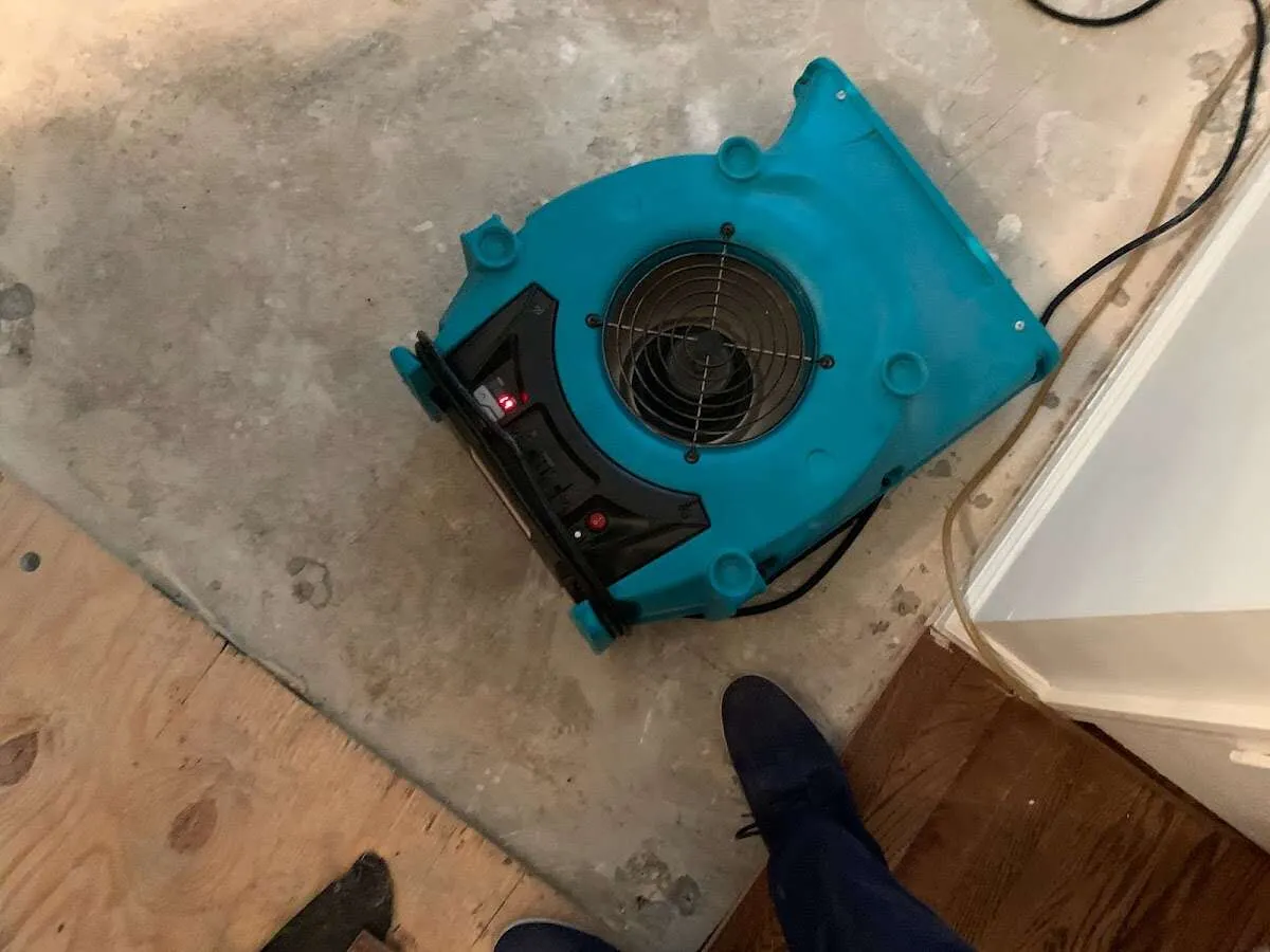 Air mover drying subfloor during Commercial Water Damage Restoration in Inverness